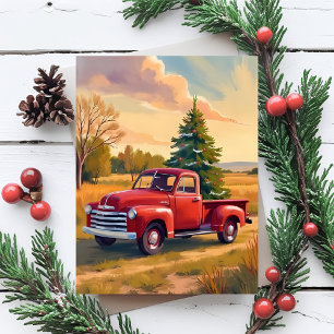 Cartão Postal De Festividades Natal no Campo   Caminhão Vermelho Árvore de Natal