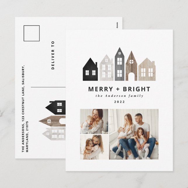 Cartão Postal De Festividades Natal no Japão moderno Casas nórdicas 3 fotos (Frente/Verso)