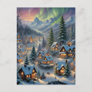 Cartão Postal De Festividades Natal numa aldeia montanhosa, luzes polares