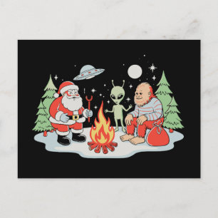 Cartão Postal De Festividades Natal Papai Noel Pé Grande Alien Fogueira Festa