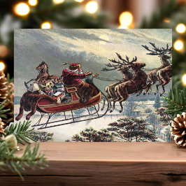 Cartão Postal De Festividades Natal Papai Noel Voador Trenó Rena Vintage Natal