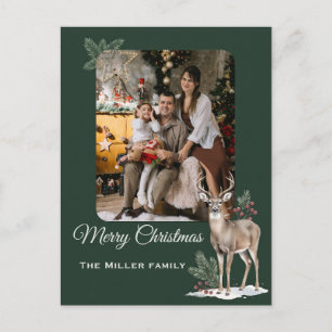Cartão Postal De Festividades Natal Personalizado com Foto de Veado Verde Escuro