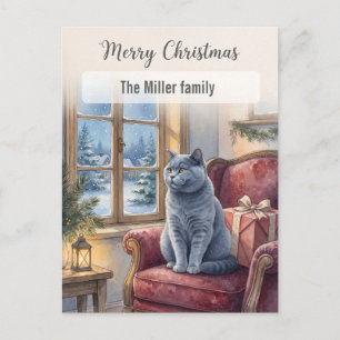Cartão Postal De Festividades Natal Personalizado com Gato Cinza Aconchegante na