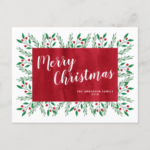Cartão Postal De Festividades Natal Personalizado Vermelho Floral Aquarela