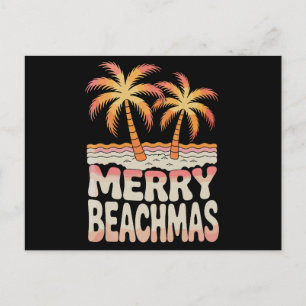 Cartão Postal De Festividades Natal praiano com palmeira pôr do sol tropical