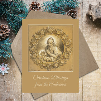 Cartão Postal De Festividades Natal Religioso Dourado e Personalizado