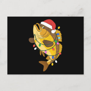 Cartão Postal De Festividades Natal Robalo Peixe Chapéu do Papai Noel Luzes de P