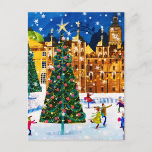 Cartão Postal De Festividades Natal Rosa Dourado Inverno Patinação no Gelo 