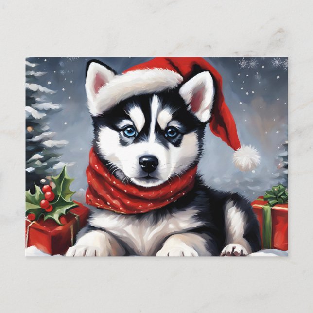 Cartão Postal De Festividades Natal Siberian Husky Puppy Vestindo Santa Hat (Frente)