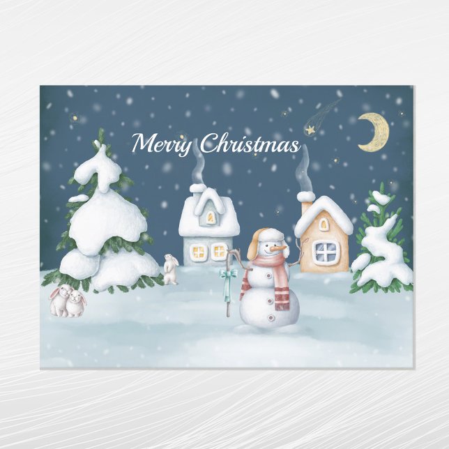 Cartão Postal De Festividades Natal Snowman Casas Rabbit Watercolor (Criador carregado)