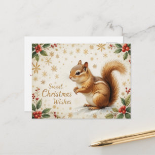 Cartão Postal De Festividades Natal Vintage Esquilo Floresta Rústica Festa
