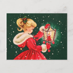 Cartão Postal De Festividades natal vintage Garota com Lanterna