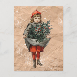 Cartão Postal De Festividades Natal vintage Garota e Holly Berries se aflita
