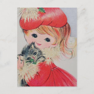 Cartão Postal De Festividades natal vintage Garota segurando Gatinho