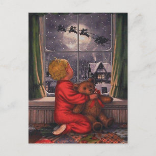 Cartão Postal De Festividades natal vintage Garoto Assistindo Papais noeis