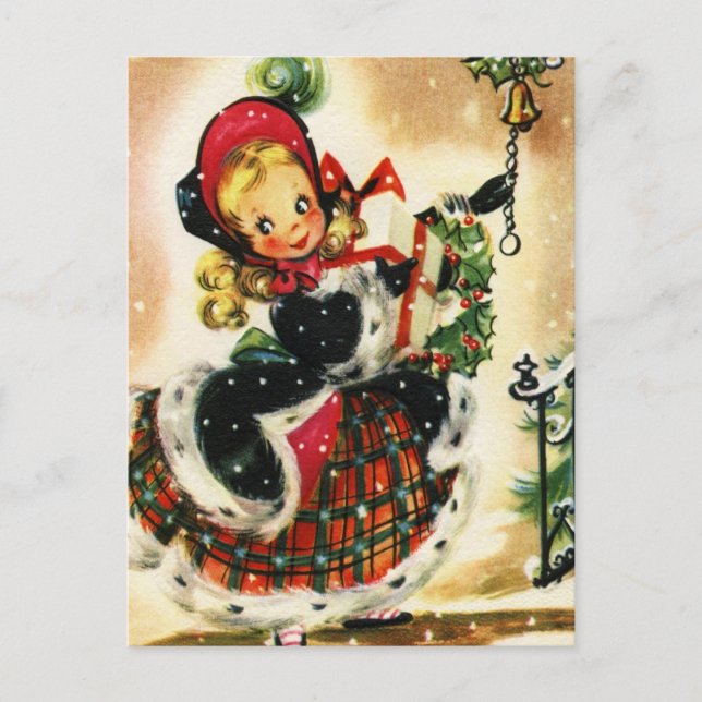 Cartão Postal De Festividades Natal vintage Girl (Frente)