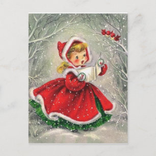 Cartão Postal De Festividades Natal vintage Menina Cantando Para Pássaros