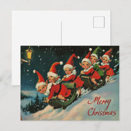 Cartão Postal De Festividades Natal Vintage Retro: Elfos em Trenó