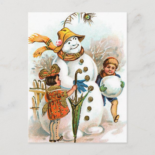 Cartão Postal De Festividades Natal vintage Village Snowman (Frente)
