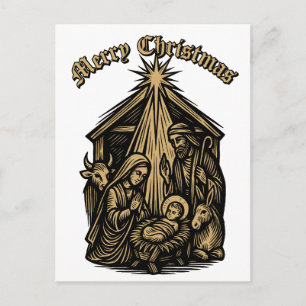 Cartão Postal De Festividades Natividade de Natal Xilogravura Medieval Retro