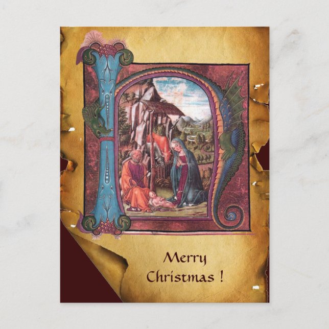 Cartão Postal De Festividades NATIVITY PARCHMENT Blue Sapphire Monograma (Frente)