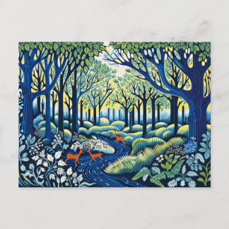 Cartão Postal De Festividades Natureza Geométrica em Linocut. Springtime