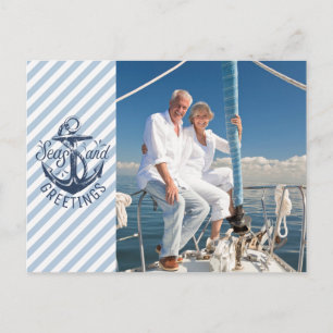 Cartão Postal De Festividades Nautical SEAson's Greetings, Navy Anchor--2 Photos