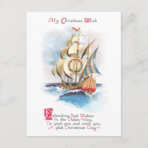 Cartão Postal De Festividades Navio alto nos Natais vintages do alto mar