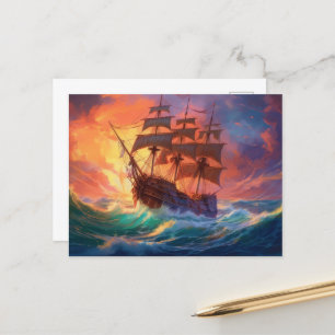 Cartão Postal De Festividades Navio De Velas Em Um Mar Tempestade