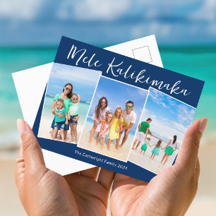 Cartão Postal De Festividades Navy Azul Mele Kalikimaka 3 Foto de Família Natal