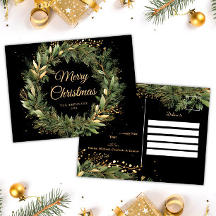 Cartão Postal De Festividades Negra Verde Elegante Natal Moderno Botânico