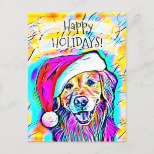 Cartão Postal De Festividades Neon Bright Cores de Natal Arte de Retriever Ouro