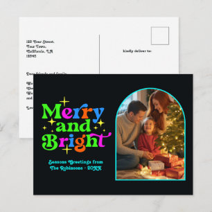 Cartão Postal De Festividades Neon Disco Feliz e Bright Retro Natal