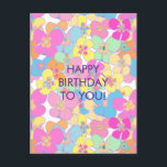 Cartão Postal De Festividades Neon Retro Floral Pink Aniversário<br><div class="desc">Padrão floral de neon retro faux. Rosa,  laranja,  menta,  azul,  amarelo,  estético floral neon.</div>