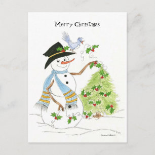 Cartão Postal De Festividades Neve com pássaro azul