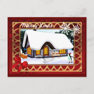 Cartão Postal De Festividades Neve de inverno com natal de pinguim