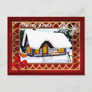 Cartão Postal De Festividades Neve de inverno com natal de pinguim