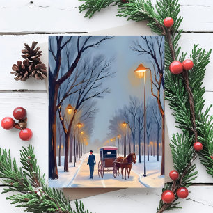 Cartão Postal De Festividades Neve em Boston Aquarela Vintage