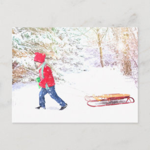 Cartão Postal De Festividades Neve inverno trenó menino feriado natal