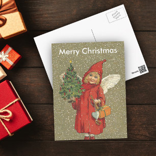 Cartão Postal De Festividades Neve loura da árvore de Natal do anjo da menina d