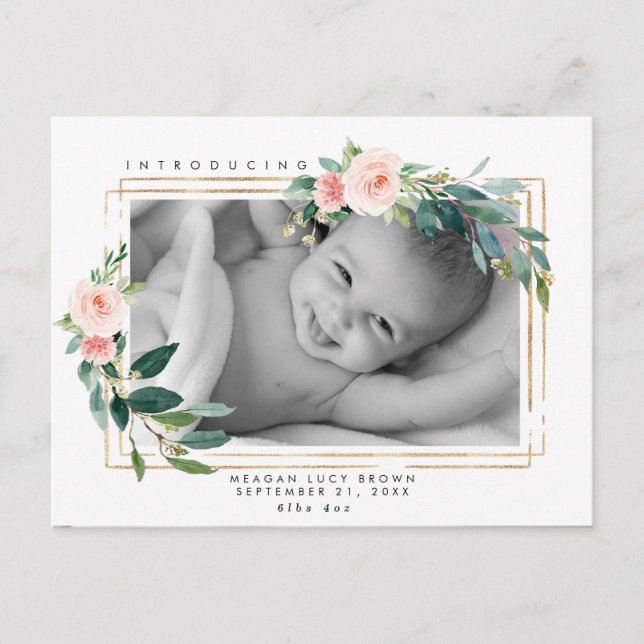 Cartão Postal De Festividades new baby blush floral faux gold photo postcard (Frente)