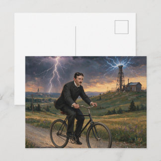 Cartão Postal De Festividades Nikola Tesla andando de bicicleta para seu laborat