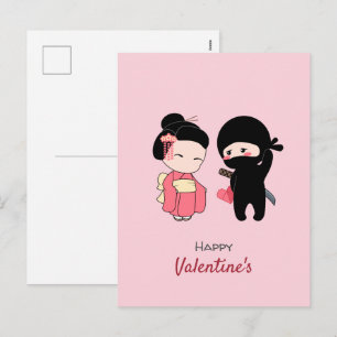 Cartão Postal De Festividades Ninja and Geisha Happy Valentine on Pink