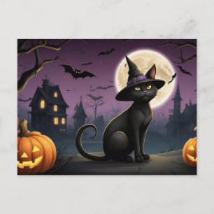 Cartão Postal De Festividades Noite de Gato Negro Halloween