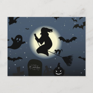 Cartão Postal De Festividades Noite de Halloween e Bruxa Assustadas e Escuras