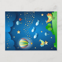 Noite surreal com balões e onda de estrelas