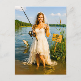 Cartão Postal De Festividades Noiva com vara de pescar e anzol à beira do lago