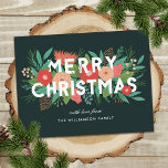 Cartão Postal De Festividades Nome da Família Floral Moderna de Feliz Natal<br><div class="desc">Mande alegria nesta temporada de festas com estes cartões postais coloridos de Natal. Apresentam vários elementos florais/invernais (pínus, folhas, flores, bagas, botões, pinecones e galhos) num esquema de cores de laranja vermelha, pêssego, coral, aqua, chás, verde, castanho e verde limão. A tipografia moderna diz: "MERRY CHRISTMAS" em branco. A cor...</div>