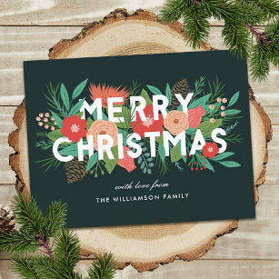 Cartão Postal De Festividades Nome da Família Floral Moderna de Feliz Natal