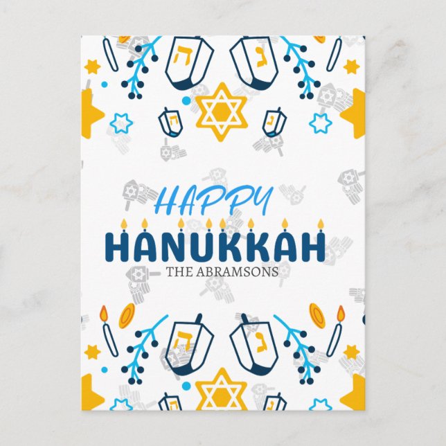 Cartão Postal De Festividades Nome Personalizado da Família Feliz Hanukkah (Frente)